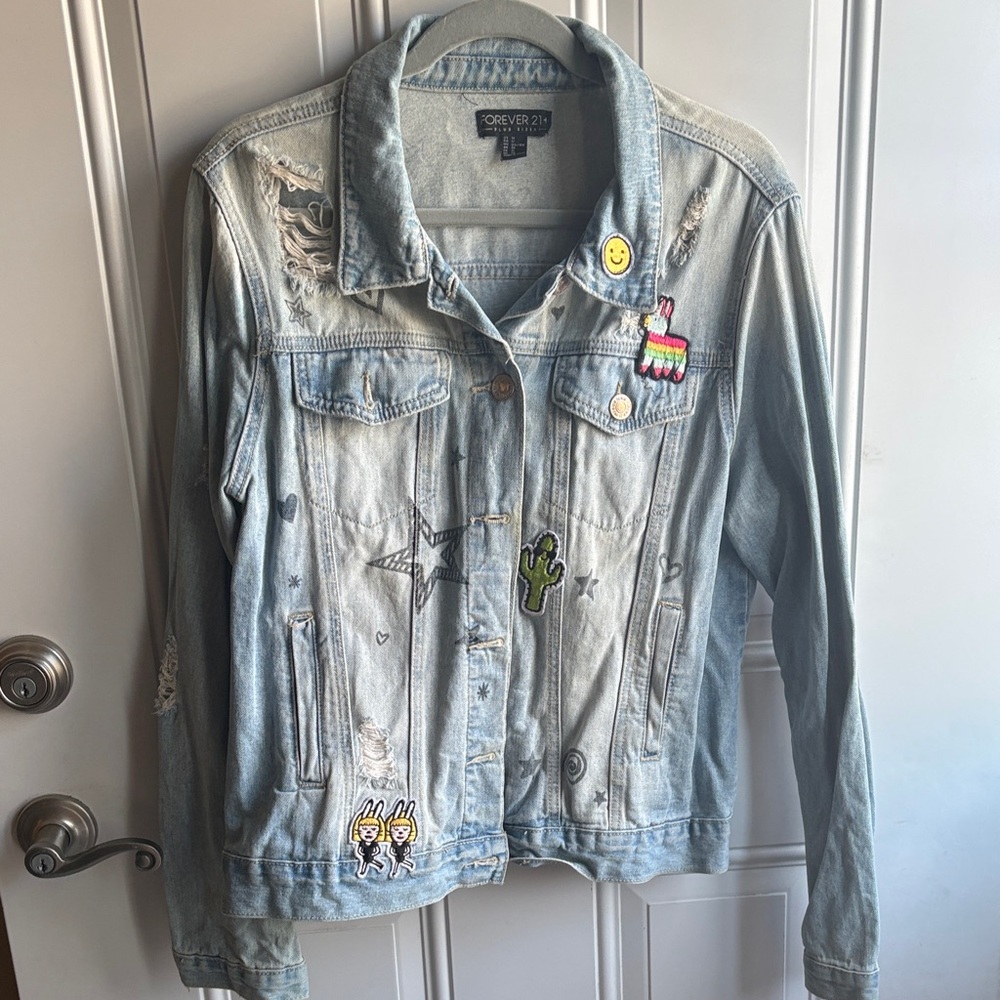 Forever 21 Plus Size distressed denim jacket with patches